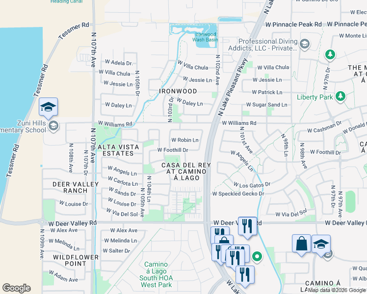 map of restaurants, bars, coffee shops, grocery stores, and more near 10334 West Foothill Drive in Peoria