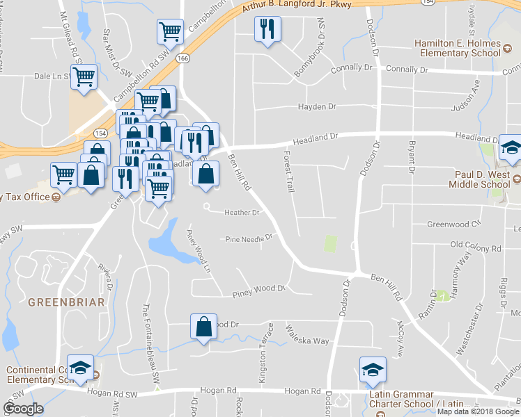 map of restaurants, bars, coffee shops, grocery stores, and more near 2826 Ben Hill Road in East Point