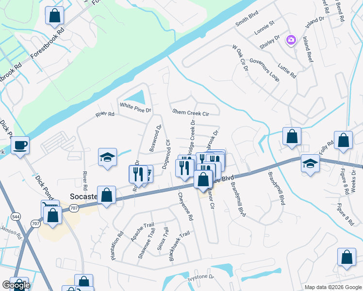 map of restaurants, bars, coffee shops, grocery stores, and more near 513 Creekwood Circle in Myrtle Beach
