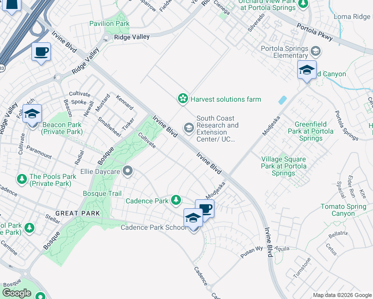 map of restaurants, bars, coffee shops, grocery stores, and more near 102 Balance in Irvine