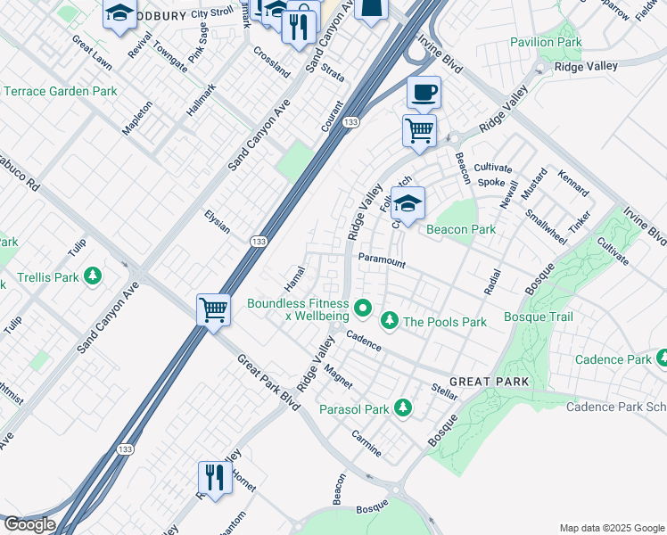 map of restaurants, bars, coffee shops, grocery stores, and more near 212 Paramount in Irvine
