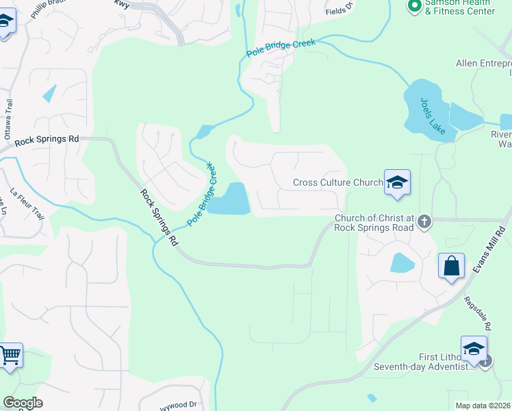 map of restaurants, bars, coffee shops, grocery stores, and more near 5943 Springfair Run in Stonecrest