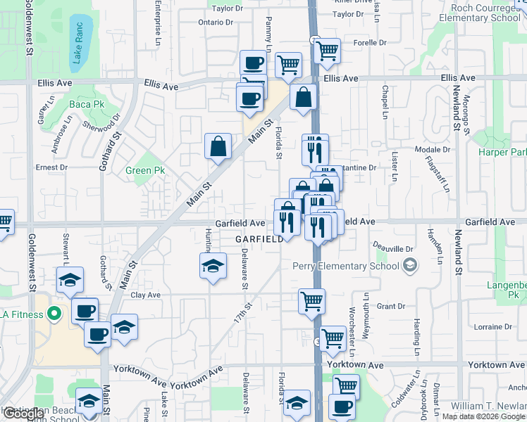 map of restaurants, bars, coffee shops, grocery stores, and more near 7805 Garfield Avenue in Huntington Beach