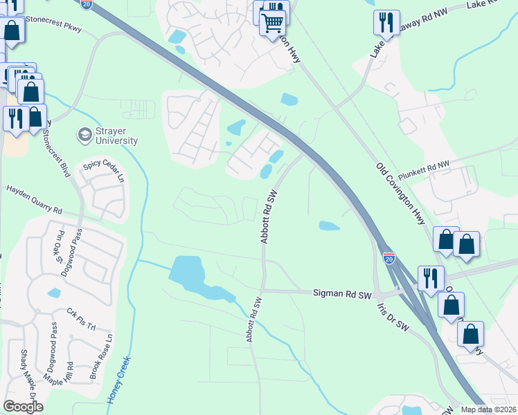 map of restaurants, bars, coffee shops, grocery stores, and more near 169 Abbott Road Southwest in Conyers