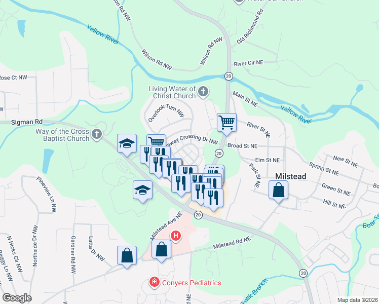 map of restaurants, bars, coffee shops, grocery stores, and more near 121 Hawkeye Lane Northwest in Conyers