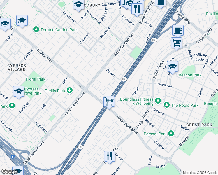 map of restaurants, bars, coffee shops, grocery stores, and more near 80 Hedge Bloom in Irvine
