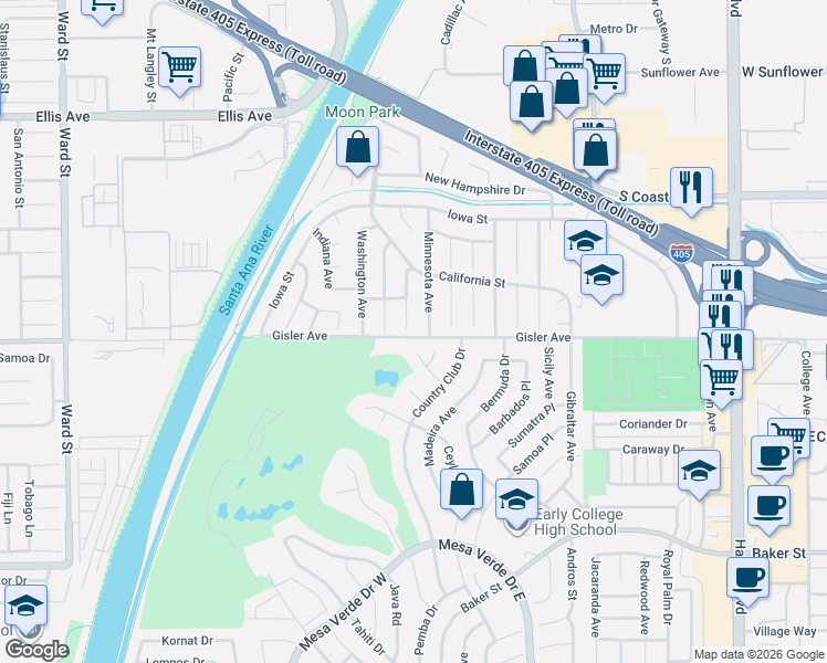 map of restaurants, bars, coffee shops, grocery stores, and more near 3202 Montana Avenue in Costa Mesa