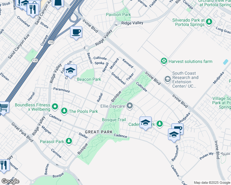 map of restaurants, bars, coffee shops, grocery stores, and more near 100 Diamondback in Irvine