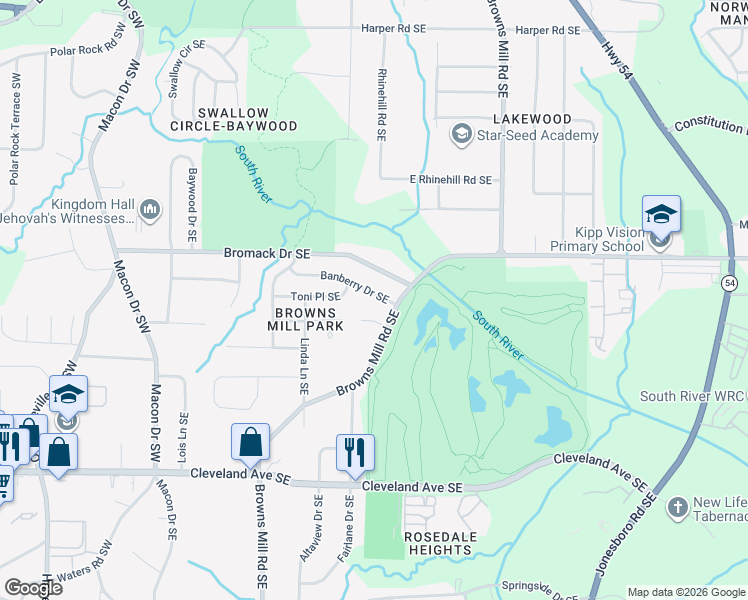 map of restaurants, bars, coffee shops, grocery stores, and more near 311 Banberry Drive Southeast in Atlanta