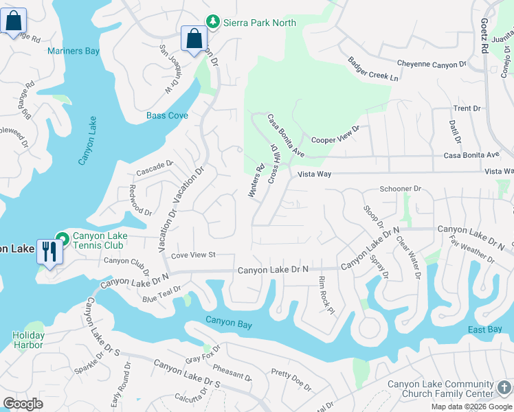 map of restaurants, bars, coffee shops, grocery stores, and more near 23471 Vista Way in Canyon Lake