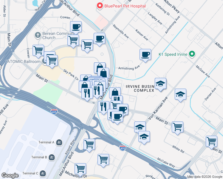 map of restaurants, bars, coffee shops, grocery stores, and more near 210 Placemark in Irvine