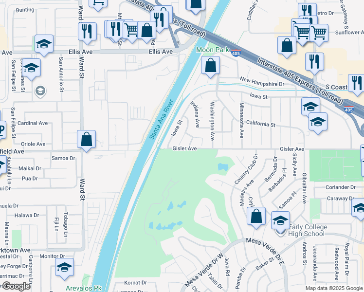 map of restaurants, bars, coffee shops, grocery stores, and more near 3202 New York Avenue in Costa Mesa