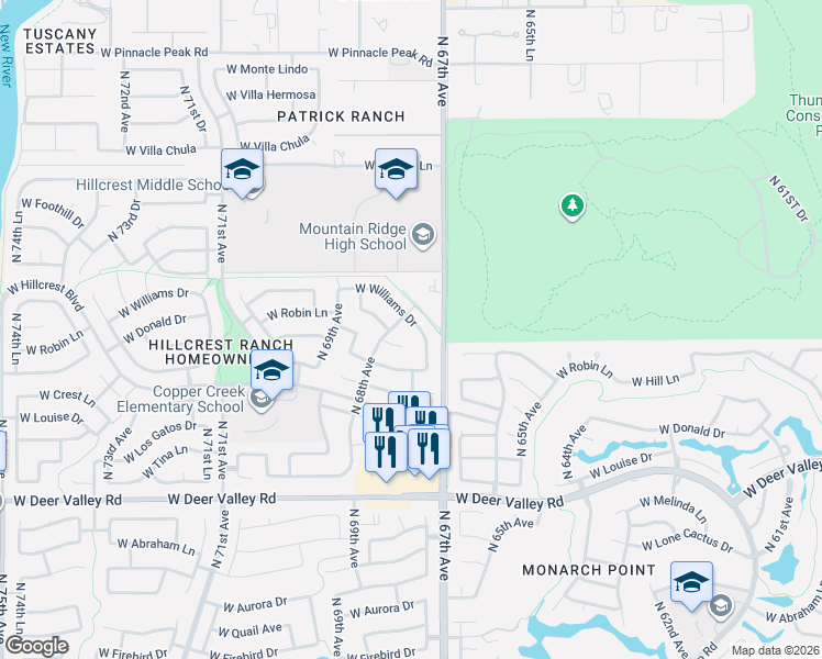 map of restaurants, bars, coffee shops, grocery stores, and more near 6746 West Robin Lane in Glendale