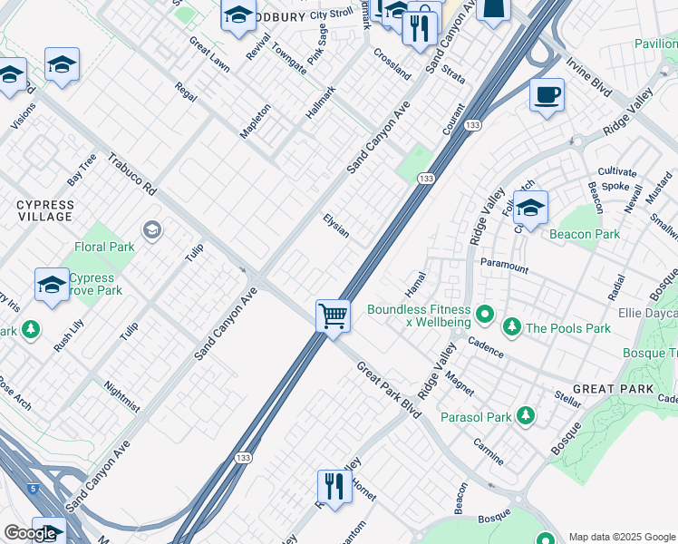 map of restaurants, bars, coffee shops, grocery stores, and more near 70 Hedge Bloom in Irvine