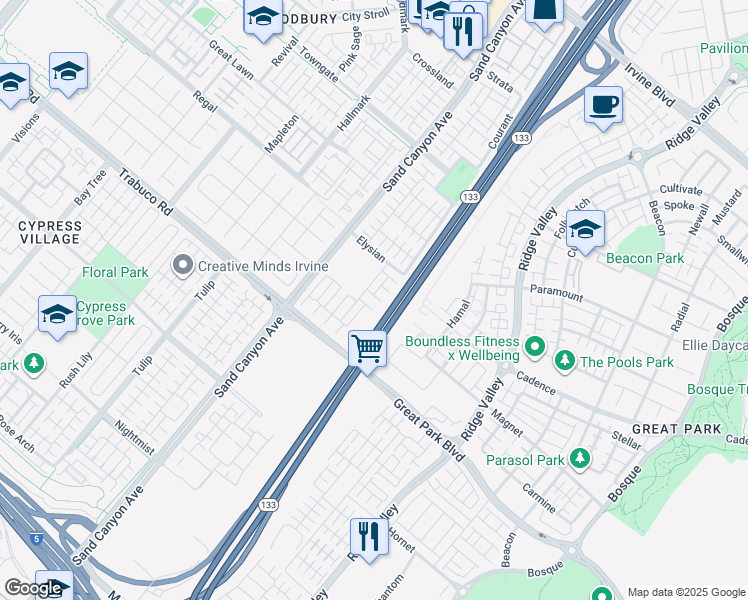 map of restaurants, bars, coffee shops, grocery stores, and more near 90 Hedge Bloom in Irvine