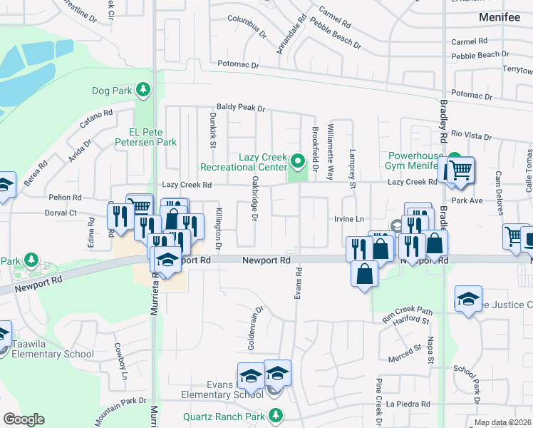 map of restaurants, bars, coffee shops, grocery stores, and more near 29845 Sun Country Lane in Menifee