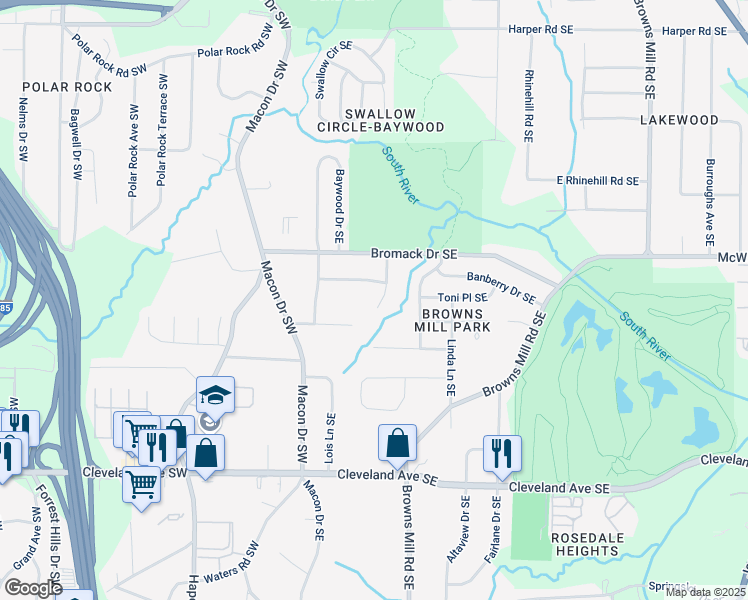 map of restaurants, bars, coffee shops, grocery stores, and more near 2461 Antwerp Drive Southeast in Atlanta