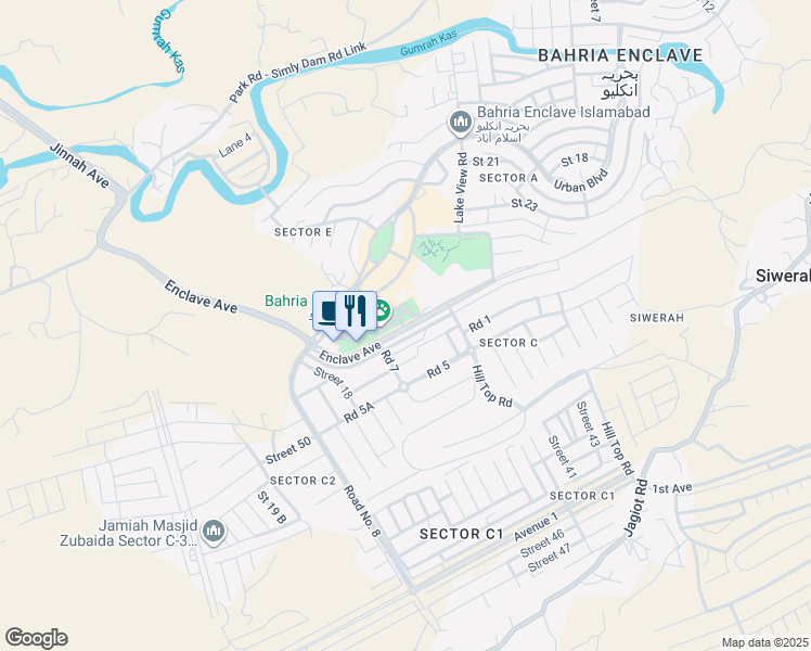 map of restaurants, bars, coffee shops, grocery stores, and more near Enclave Ave in Islamabad