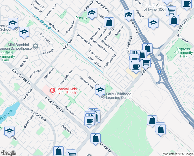map of restaurants, bars, coffee shops, grocery stores, and more near 15092 Clemons Circle in Irvine