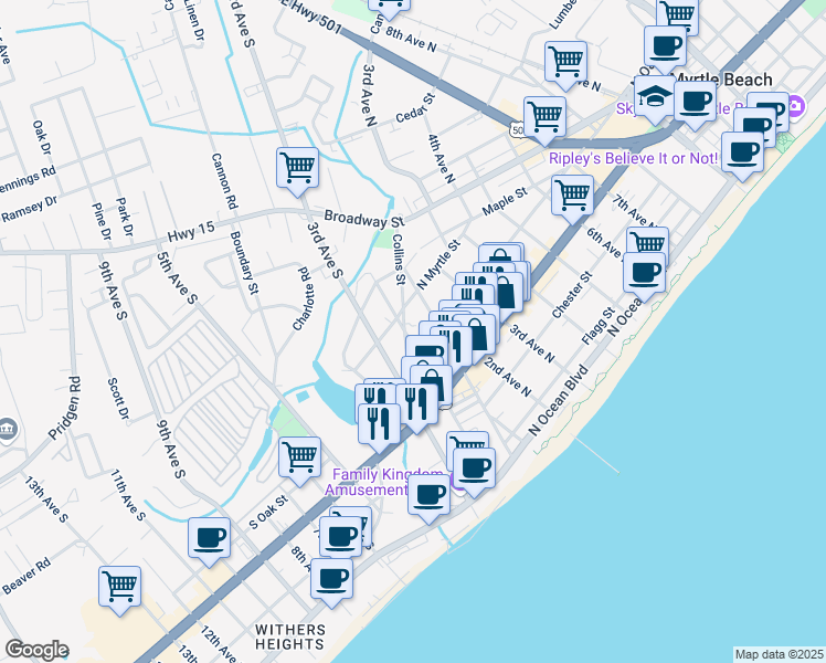 map of restaurants, bars, coffee shops, grocery stores, and more near 609 Collins Street in Myrtle Beach