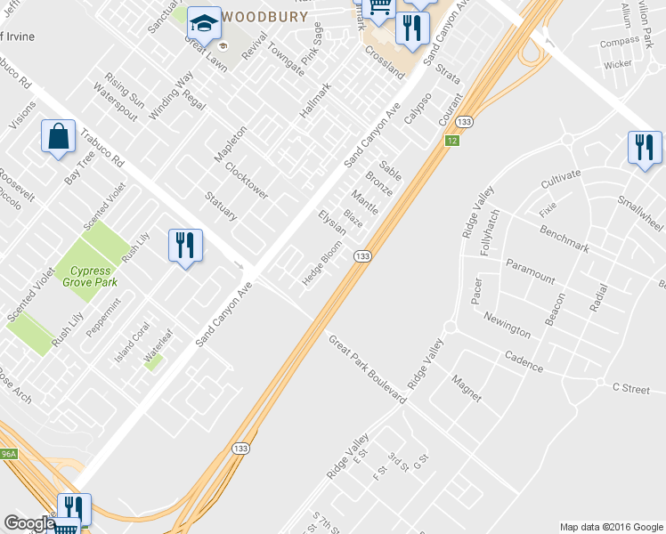 map of restaurants, bars, coffee shops, grocery stores, and more near 90 Hedge Bloom in Irvine