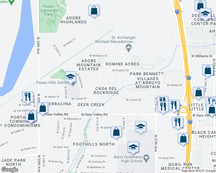 map of restaurants, bars, coffee shops, grocery stores, and more near 3014 West Sands Drive in Phoenix