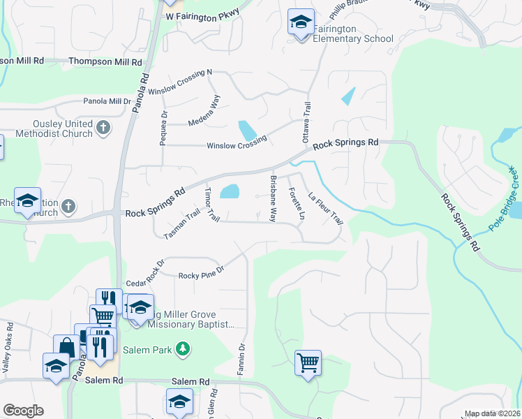 map of restaurants, bars, coffee shops, grocery stores, and more near 3281 Brisbane Way in Stonecrest