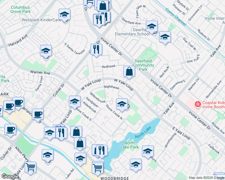 map of restaurants, bars, coffee shops, grocery stores, and more near 20 Windwood in Irvine