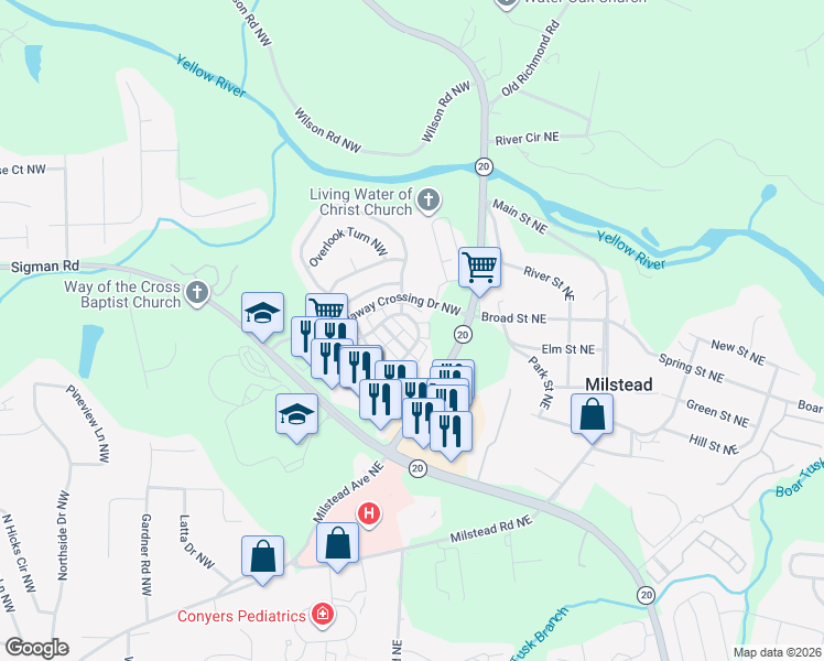map of restaurants, bars, coffee shops, grocery stores, and more near 121 Hawkeye Lane Northwest in Conyers