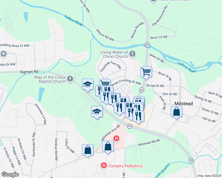 map of restaurants, bars, coffee shops, grocery stores, and more near 117 Odyssey Turn Northwest in Conyers