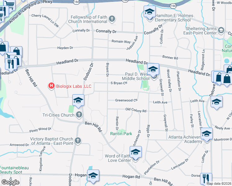 map of restaurants, bars, coffee shops, grocery stores, and more near 2518 Woodhill Lane in East Point