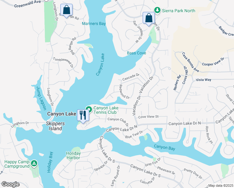 map of restaurants, bars, coffee shops, grocery stores, and more near 22477 Boating Way in Canyon Lake
