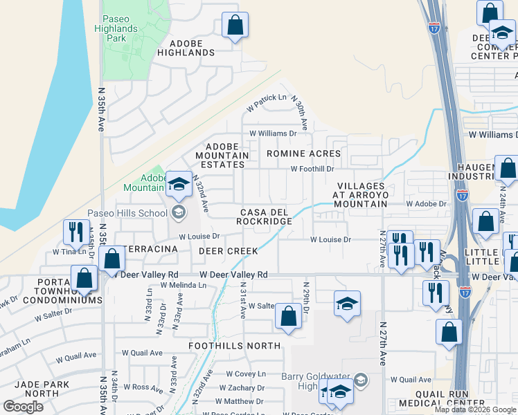 map of restaurants, bars, coffee shops, grocery stores, and more near 3030 West Sands Drive in Phoenix