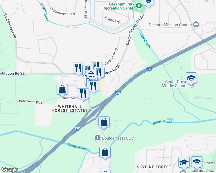 map of restaurants, bars, coffee shops, grocery stores, and more near 2121 Forest Ridge Road Southeast in Atlanta