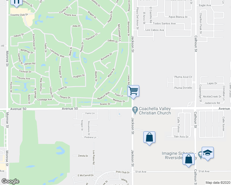 map of restaurants, bars, coffee shops, grocery stores, and more near 82738 Field Lane in Indio