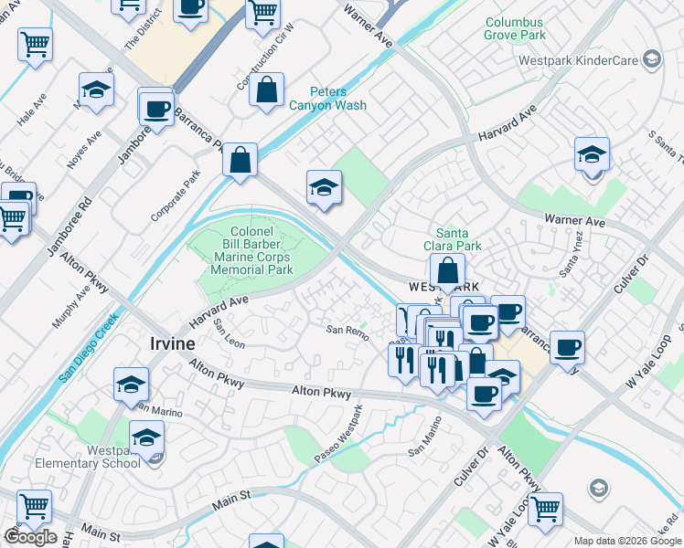 map of restaurants, bars, coffee shops, grocery stores, and more near 6 Garzoni Aisle in Irvine
