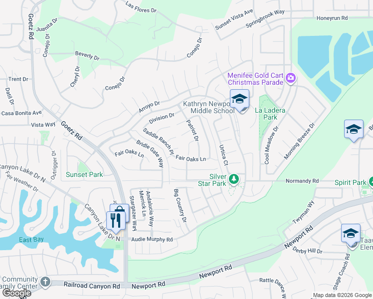 map of restaurants, bars, coffee shops, grocery stores, and more near 24567 Fair Oaks Lane in Menifee