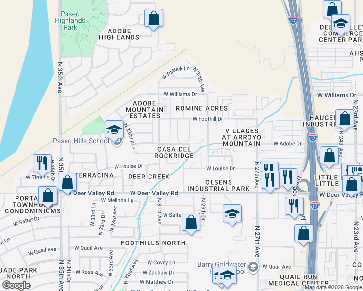 map of restaurants, bars, coffee shops, grocery stores, and more near 2935 West Adobe Drive in Phoenix