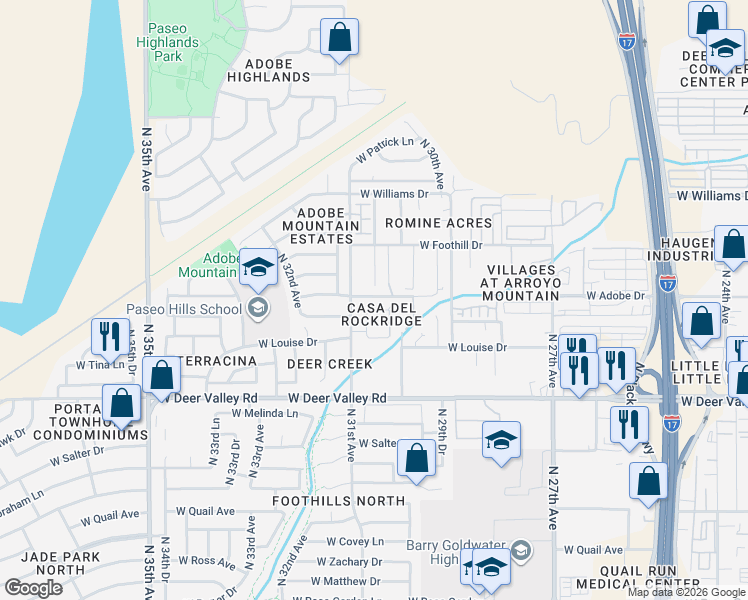map of restaurants, bars, coffee shops, grocery stores, and more near 3030 West Sands Drive in Phoenix
