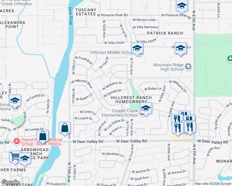 map of restaurants, bars, coffee shops, grocery stores, and more near 7264 West Robin Lane in Glendale