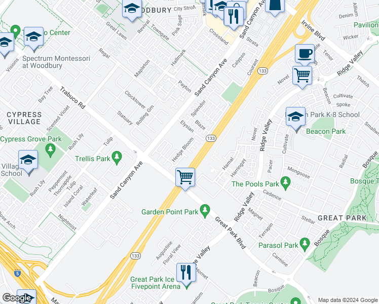 map of restaurants, bars, coffee shops, grocery stores, and more near 64 Jonquil in Irvine