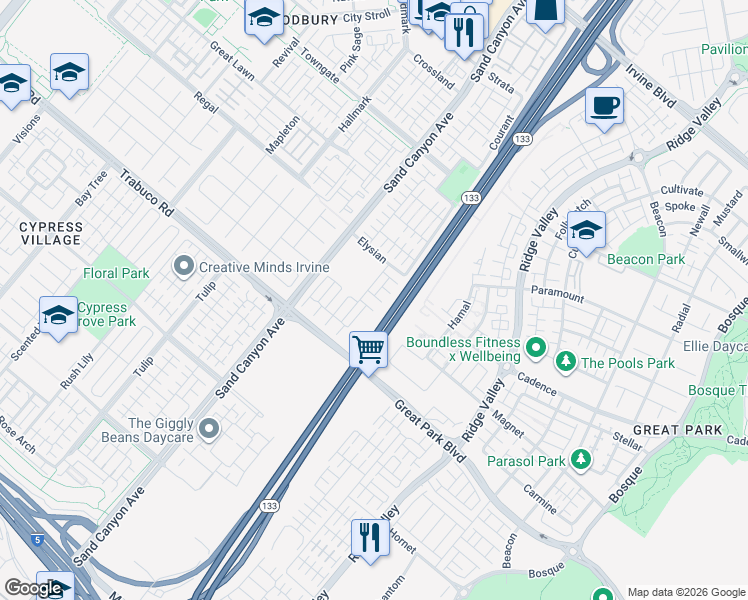 map of restaurants, bars, coffee shops, grocery stores, and more near 64 Jonquil in Irvine