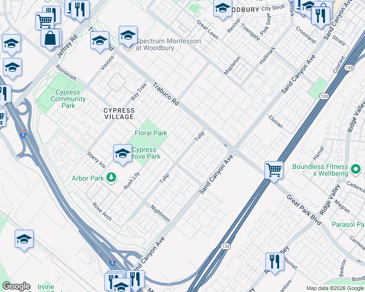 map of restaurants, bars, coffee shops, grocery stores, and more near 73 Field Poppy in Irvine
