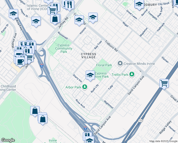 map of restaurants, bars, coffee shops, grocery stores, and more near 123 Mountain Violet in Irvine