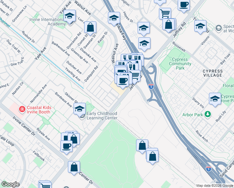 map of restaurants, bars, coffee shops, grocery stores, and more near in Irvine