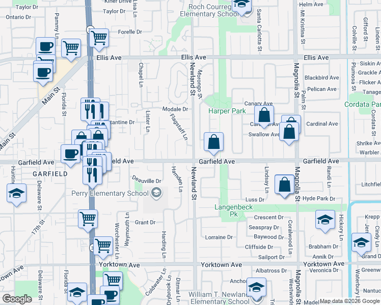 map of restaurants, bars, coffee shops, grocery stores, and more near 18971 Flagstaff Lane in Huntington Beach