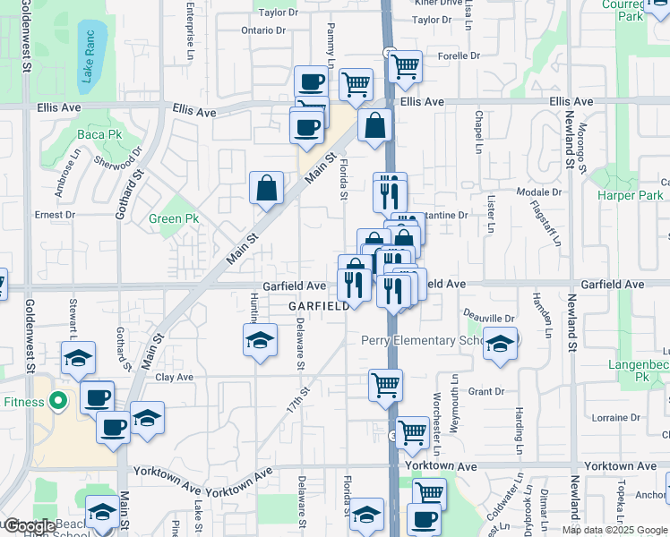 map of restaurants, bars, coffee shops, grocery stores, and more near 7851 Garfield Avenue in Huntington Beach