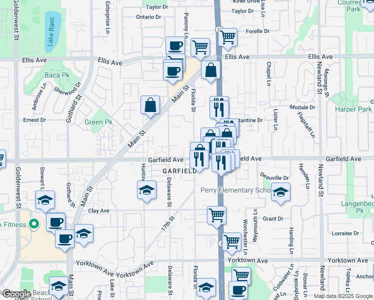 map of restaurants, bars, coffee shops, grocery stores, and more near 7851 Garfield Avenue in Huntington Beach