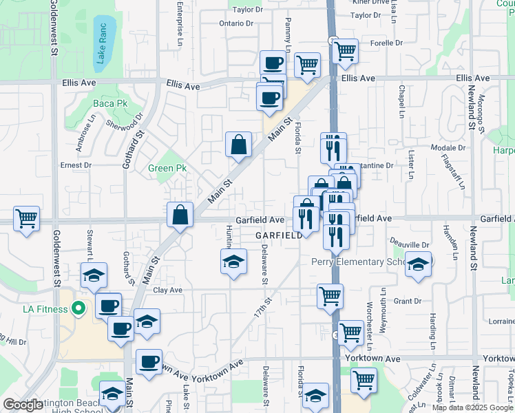 map of restaurants, bars, coffee shops, grocery stores, and more near in Huntington Beach
