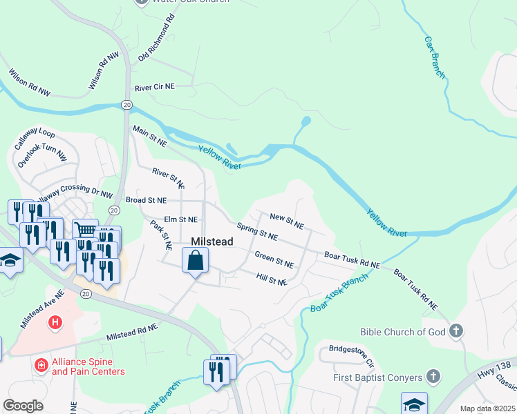 map of restaurants, bars, coffee shops, grocery stores, and more near 1822 New Street Northeast in Conyers